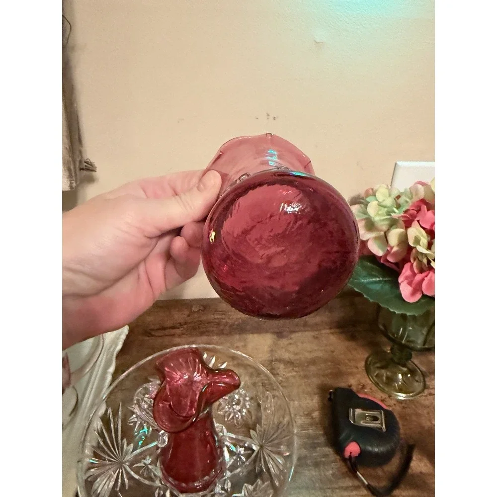 Vintage Cranberry Glass Swirl Bud Vase Ruffled Rim Clear Rigaree Art Glass Pink